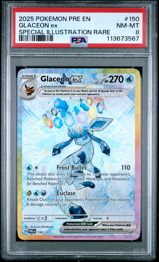 GLACEON EX 150/131 Common POKEMON PRE EN-PRISMATIC EVOLUTIONS SPECIAL ILLUSTRATION RARE PSA8 NM-MT 8 PSA population 363 <a href=https://www.psacard.com/cert/113673567/psa>https://www.psacard.com/cert/113673567/psa</a>