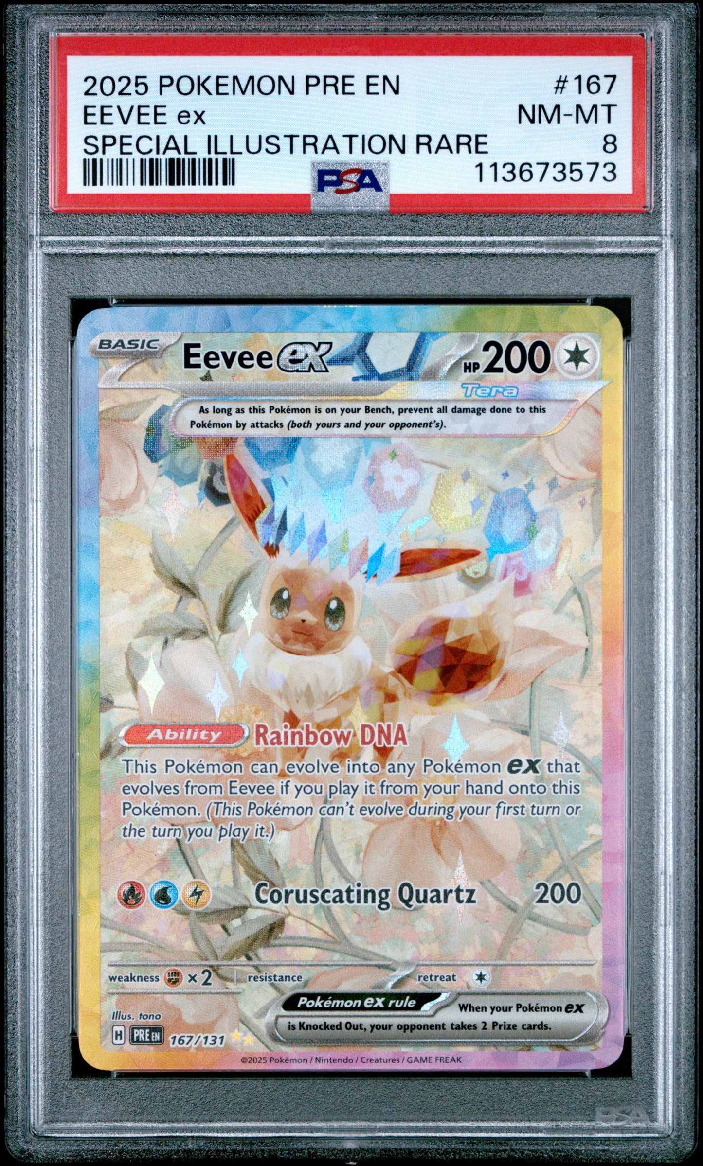 EEVEE EX 167/131 Common POKEMON PRE EN-PRISMATIC EVOLUTIONS SPECIAL ILLUSTRATION RARE PSA8 NM-MT 8 PSA population 379 <a href=https://www.psacard.com/cert/113673573/psa>https://www.psacard.com/cert/113673573/psa</a>