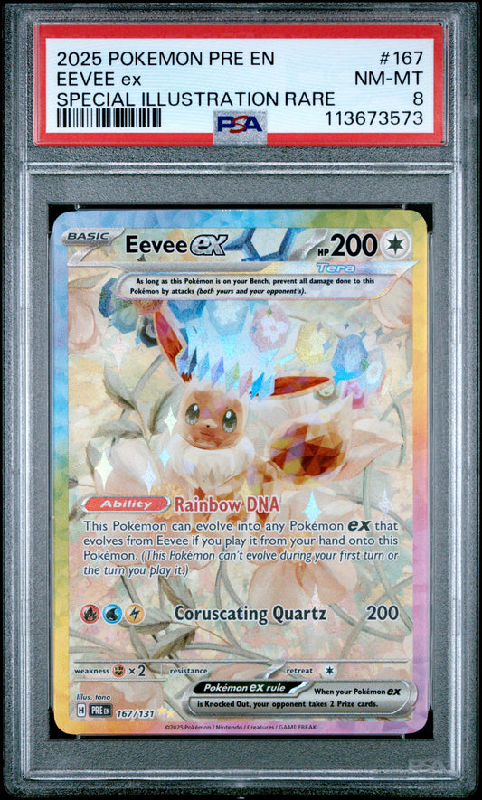 EEVEE EX 167/131 Common POKEMON PRE EN-PRISMATIC EVOLUTIONS SPECIAL ILLUSTRATION RARE PSA8 NM-MT 8 PSA population 379 <a href=https://www.psacard.com/cert/113673573/psa>https://www.psacard.com/cert/113673573/psa</a>