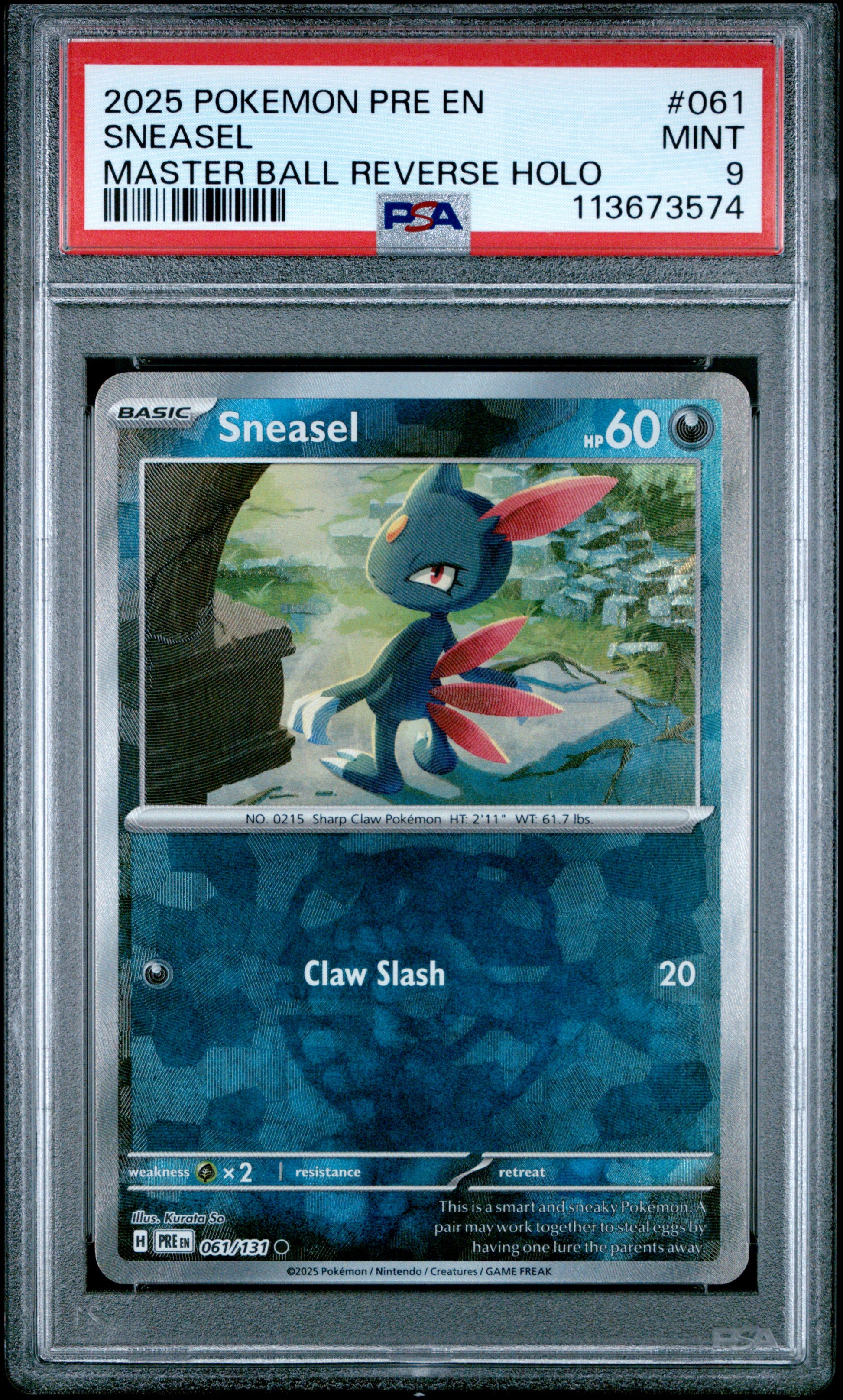SNEASEL 61/131 [Master Ball]  POKEMON PRE EN-PRISMATIC EVOLUTIONS MASTER BALL REVERSE HOLO PSA9 MINT 9 PSA population 90 <a href=https://www.psacard.com/cert/113673574/psa>https://www.psacard.com/cert/113673574/psa</a>
