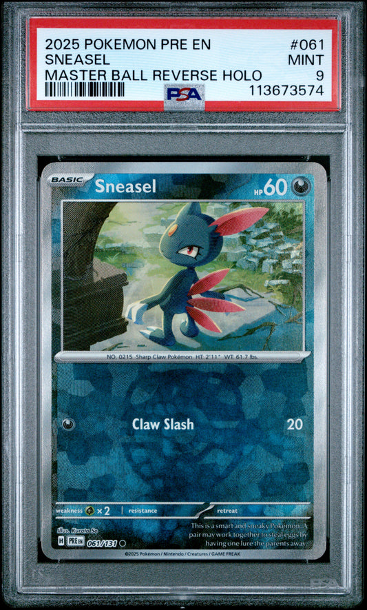 SNEASEL 61/131 [Master Ball]  POKEMON PRE EN-PRISMATIC EVOLUTIONS MASTER BALL REVERSE HOLO PSA9 MINT 9 PSA population 90 <a href=https://www.psacard.com/cert/113673574/psa>https://www.psacard.com/cert/113673574/psa</a>