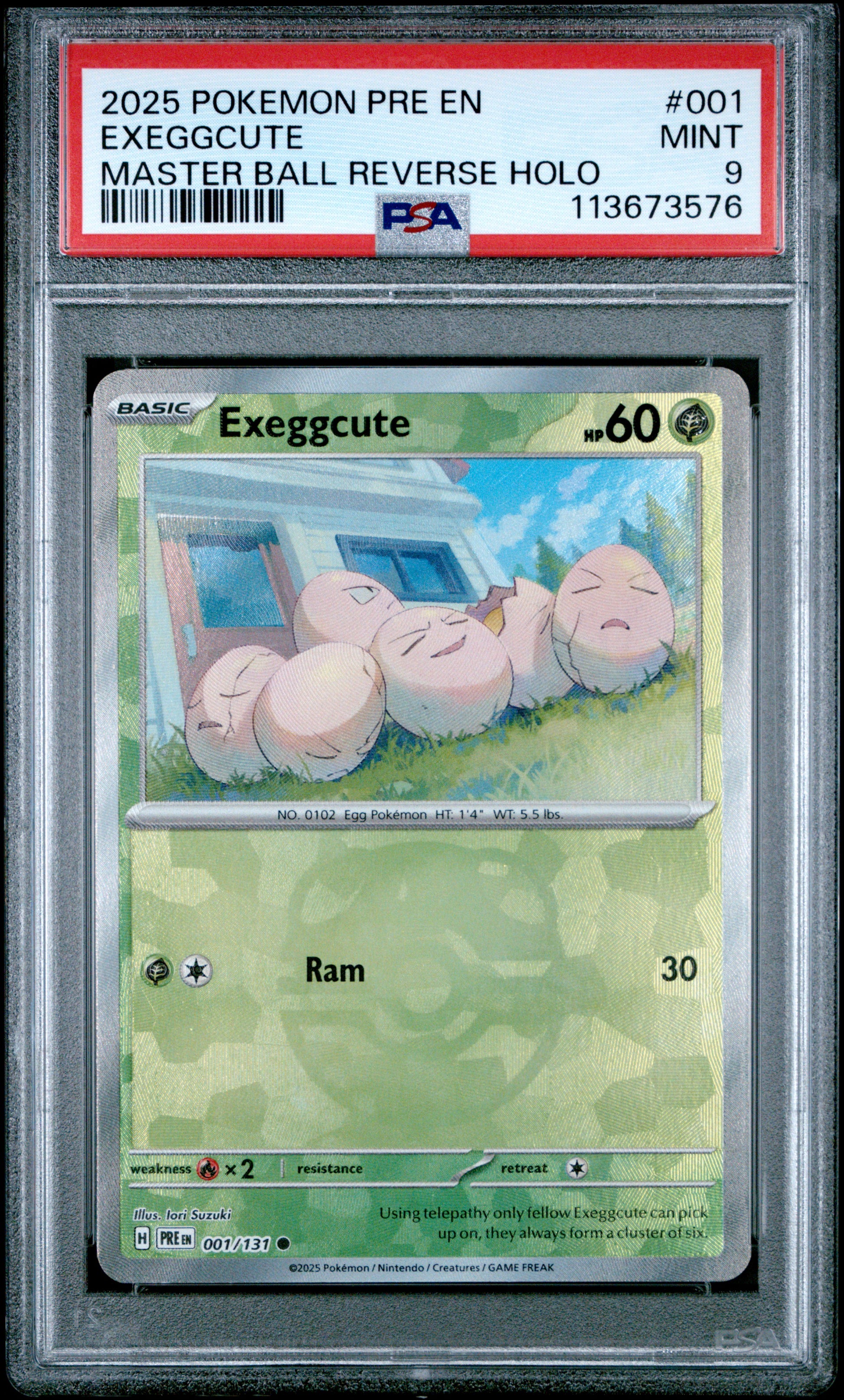 EXEGGCUTE 1/131 [Master Ball]  POKEMON PRE EN-PRISMATIC EVOLUTIONS MASTER BALL REVERSE HOLO PSA9 MINT 9 PSA population 112 <a href=https://www.psacard.com/cert/113673576/psa>https://www.psacard.com/cert/113673576/psa</a>