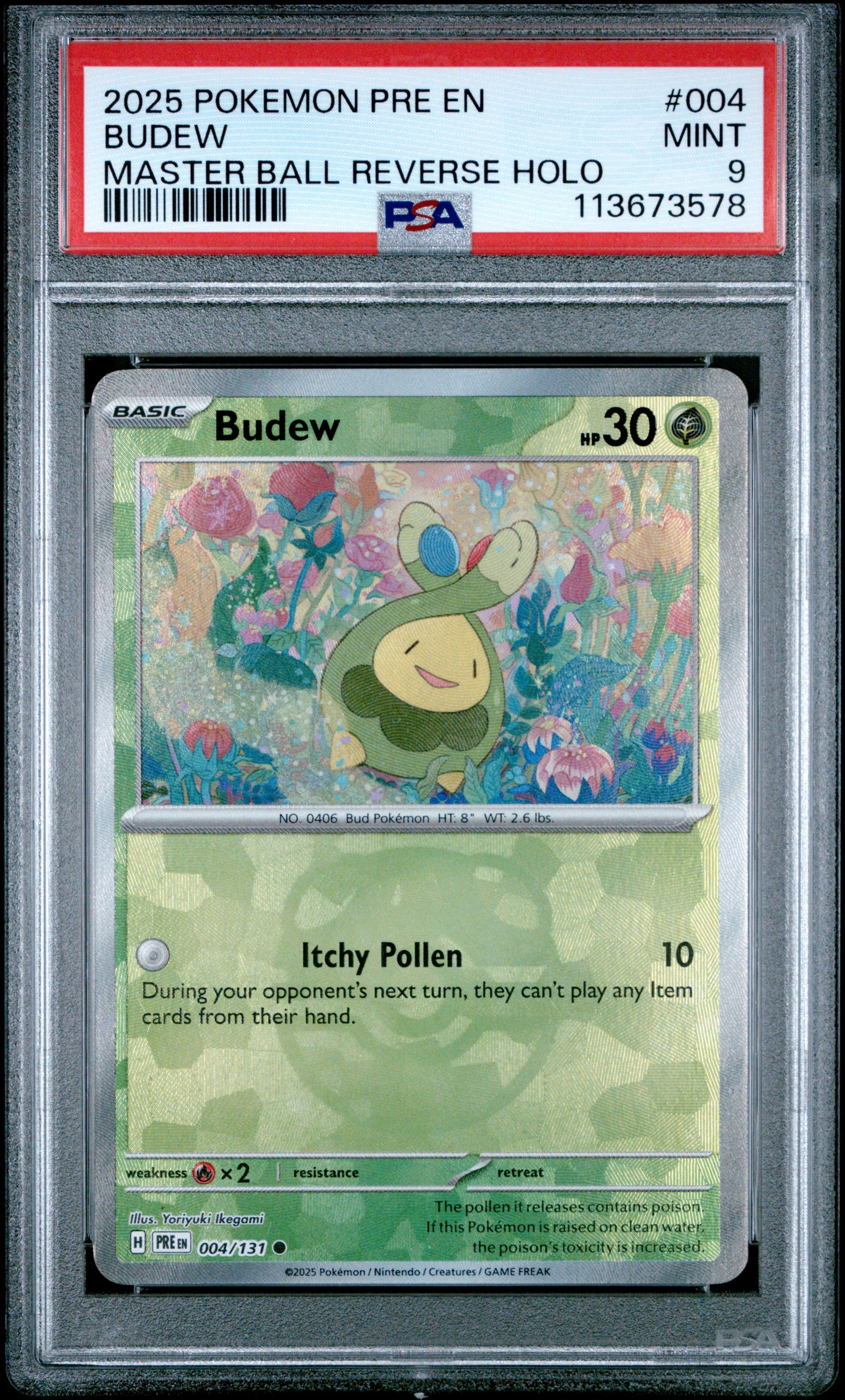 BUDEW 4/131 [Master Ball]  POKEMON PRE EN-PRISMATIC EVOLUTIONS MASTER BALL REVERSE HOLO PSA9 MINT 9 PSA population 145 <a href=https://www.psacard.com/cert/113673578/psa>https://www.psacard.com/cert/113673578/psa</a>