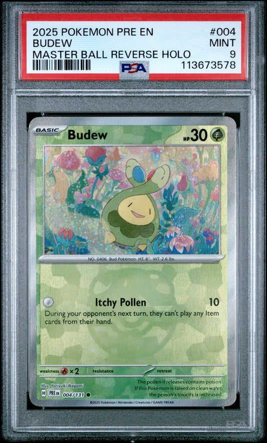 BUDEW 4/131 [Master Ball]  POKEMON PRE EN-PRISMATIC EVOLUTIONS MASTER BALL REVERSE HOLO PSA9 MINT 9 PSA population 145 <a href=https://www.psacard.com/cert/113673578/psa>https://www.psacard.com/cert/113673578/psa</a>