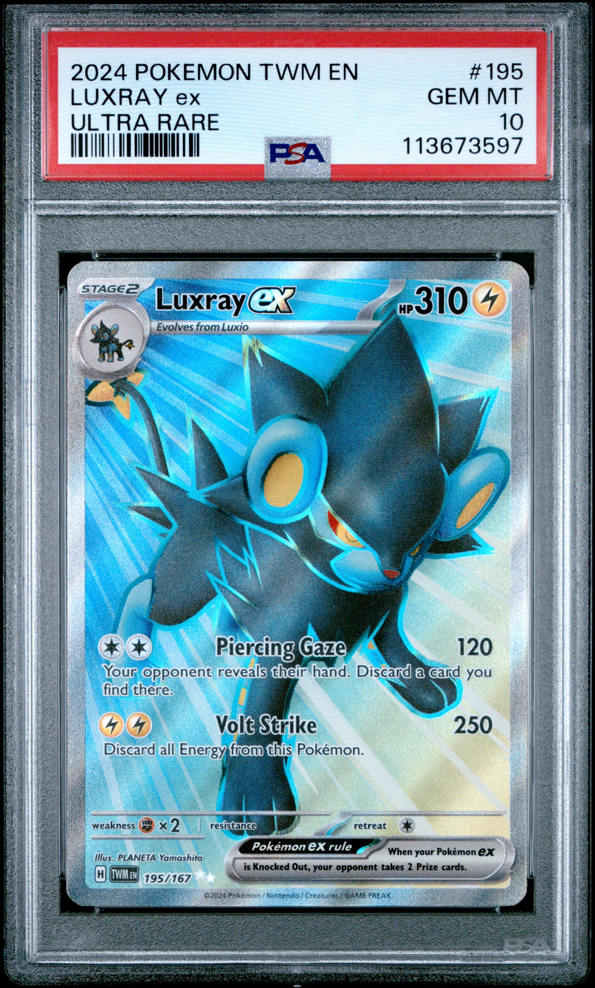 LUXRAY EX 195/167 Common POKEMON TWM EN-TWILIGHT MASQUERADE ULTRA RARE PSA10 GEM MT 10 PSA population 239 <a href=https://www.psacard.com/cert/113673597/psa>https://www.psacard.com/cert/113673597/psa</a>