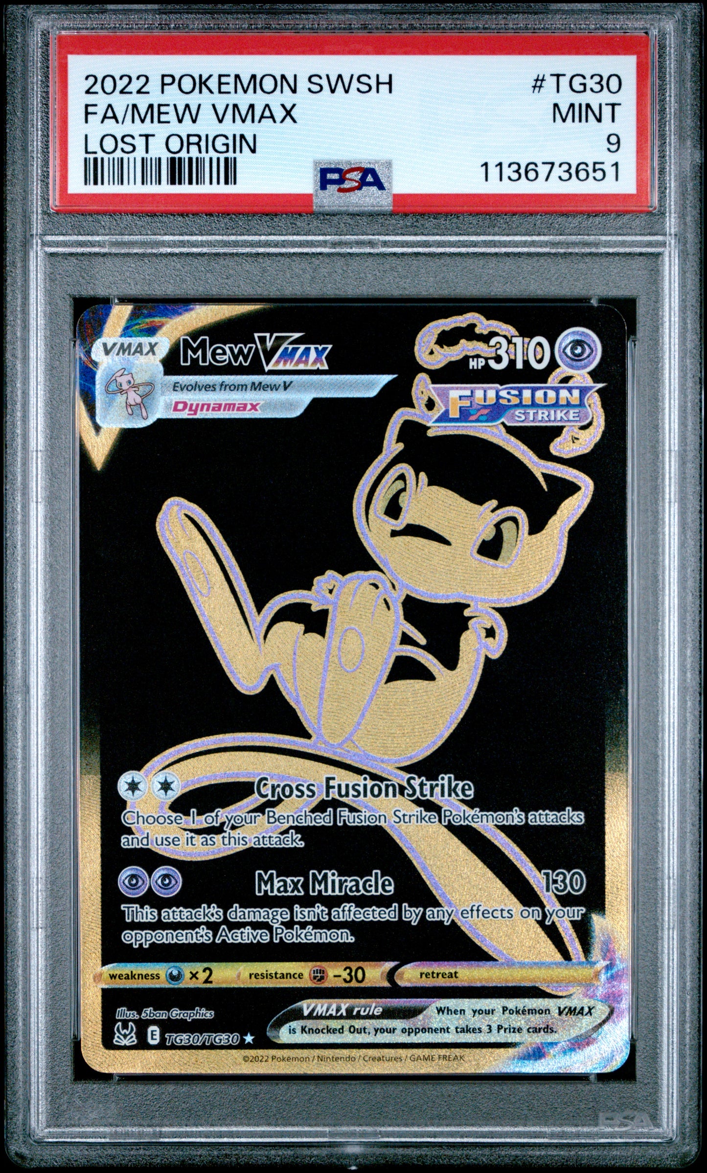 FA/MEW VMAX TG30/TG30 Common POKEMON SWORD & SHIELD LOST ORIGIN LOST ORIGIN PSA9 MINT 9 PSA population 2119 <a href=https://www.psacard.com/cert/113673651/psa>https://www.psacard.com/cert/113673651/psa</a>