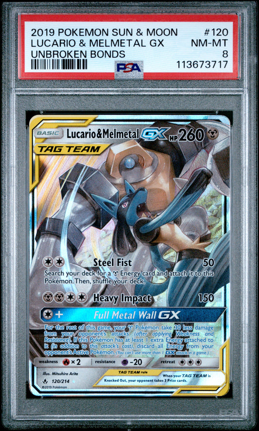 LUCARIO & MELMETAL GX 120/214 Common POKEMON SUN & MOON UNBROKEN BONDS UNBROKEN BONDS PSA8 NM-MT 8 PSA population 101 <a href=https://www.psacard.com/cert/113673717/psa>https://www.psacard.com/cert/113673717/psa</a>