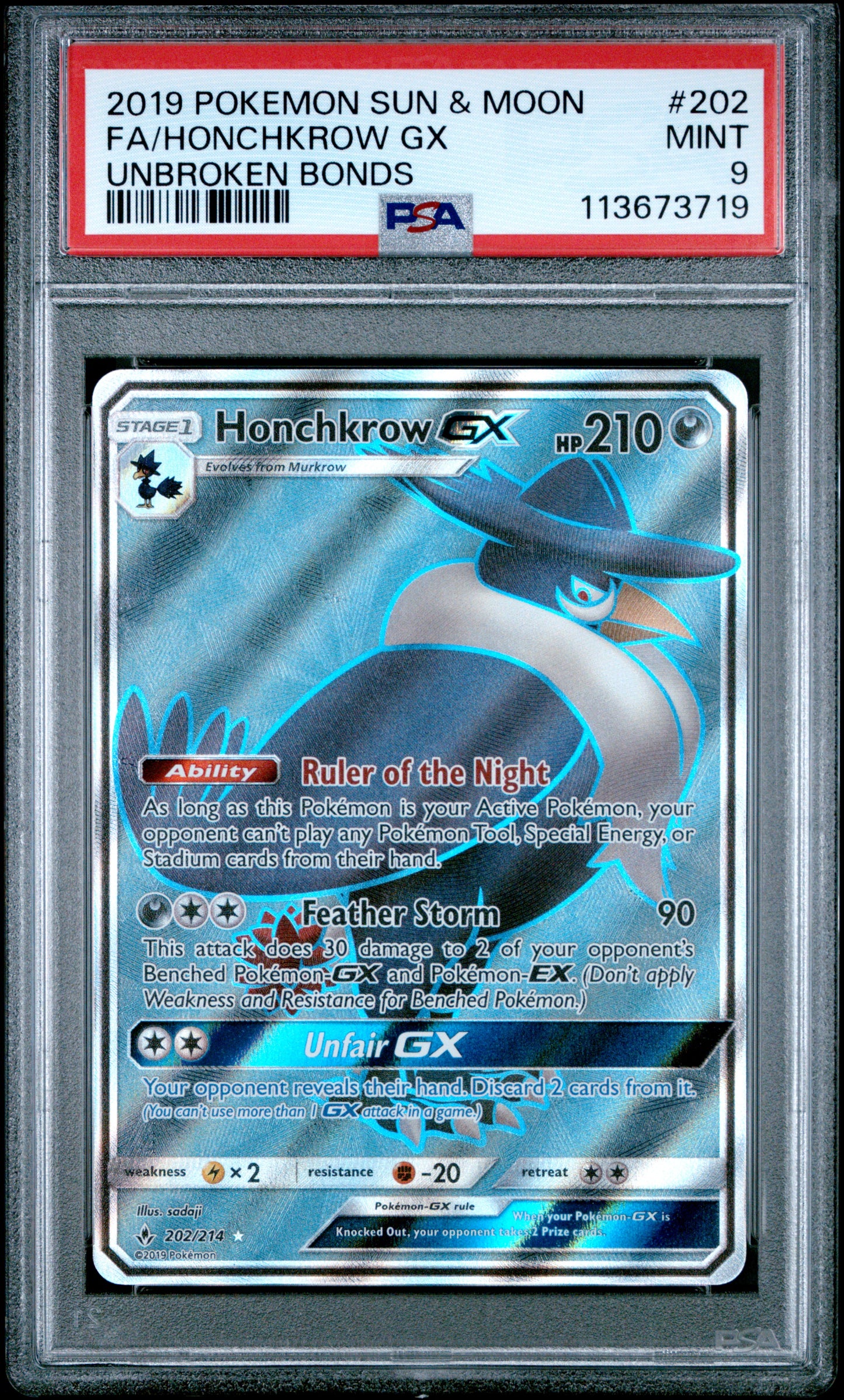 FA/HONCHKROW GX 202/214 Common POKEMON SUN & MOON UNBROKEN BONDS UNBROKEN BONDS PSA9 MINT 9 PSA population 43 <a href=https://www.psacard.com/cert/113673719/psa>https://www.psacard.com/cert/113673719/psa</a>