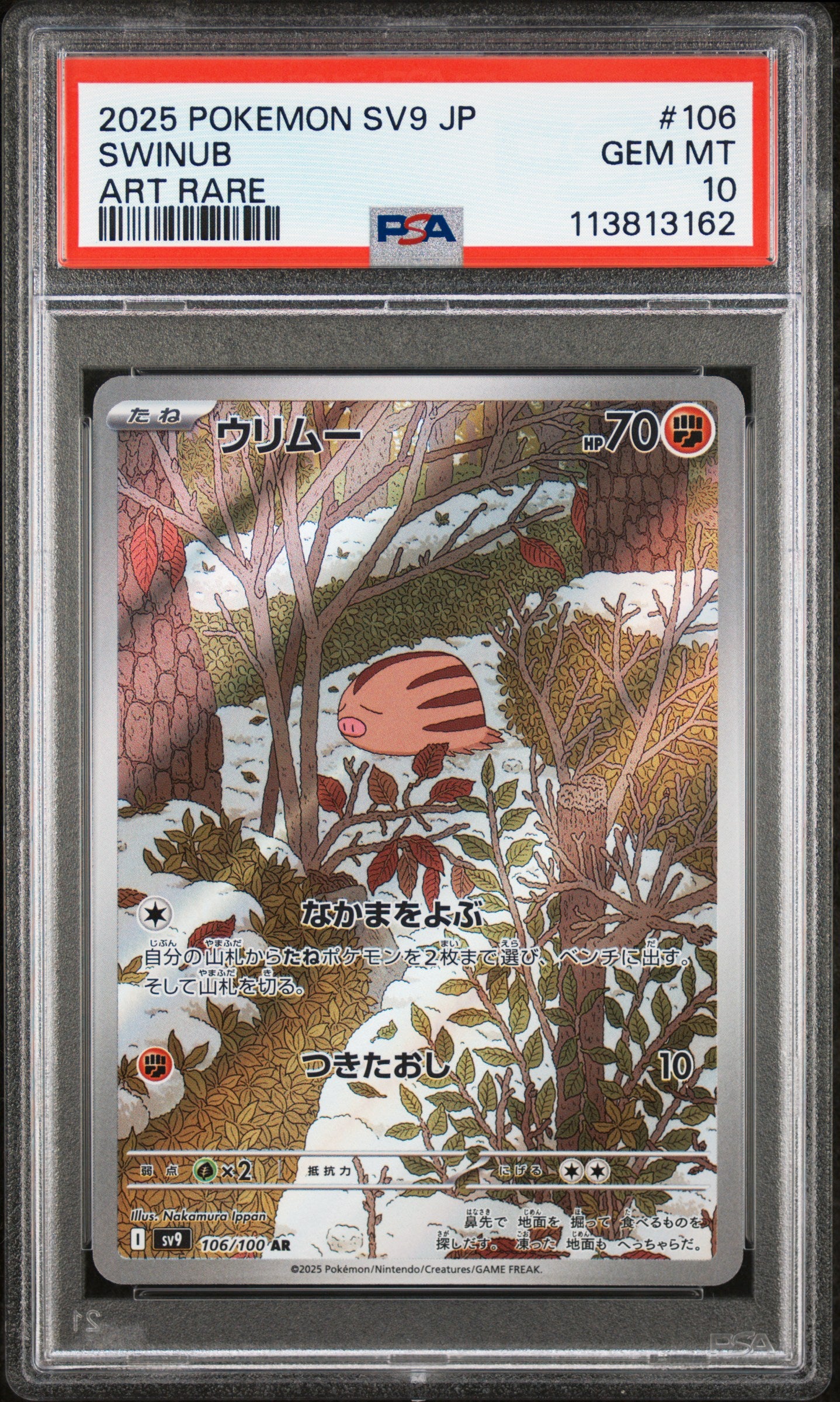 SWINUB 106/100 Common POKEMON JAPANESE SV9-BATTLE PARTNERS ART RARE PSA10 GEM MT 10 PSA population 1092 <a href=https://www.psacard.com/cert/113813162/psa>https://www.psacard.com/cert/113813162/psa</a>