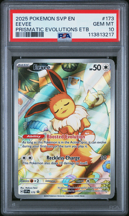 EEVEE 173/SVP Common POKEMON SVP EN-SV BLACK STAR PROMO PRISMATIC EVOLUTIONS ETB PSA10 GEM MT 10 PSA population 23245 <a href=https://www.psacard.com/cert/113813217/psa>https://www.psacard.com/cert/113813217/psa</a>