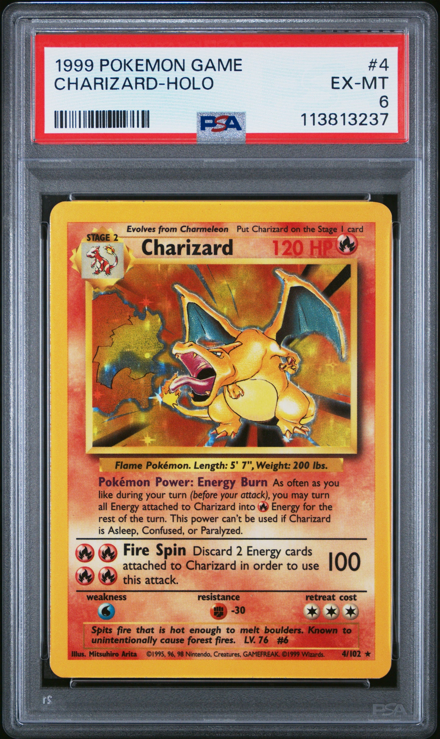 CHARIZARD-HOLO 4/102 Unlimited POKEMON GAME PSA6 EX-MT 6 PSA population 14356 <a href=https://www.psacard.com/cert/113813237/psa>https://www.psacard.com/cert/113813237/psa</a>