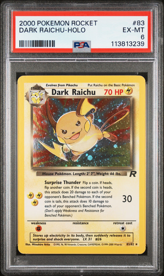 DARK RAICHU-HOLO 83/82 Common POKEMON ROCKET PSA6 EX-MT 6 PSA population 932 <a href=https://www.psacard.com/cert/113813239/psa>https://www.psacard.com/cert/113813239/psa</a>