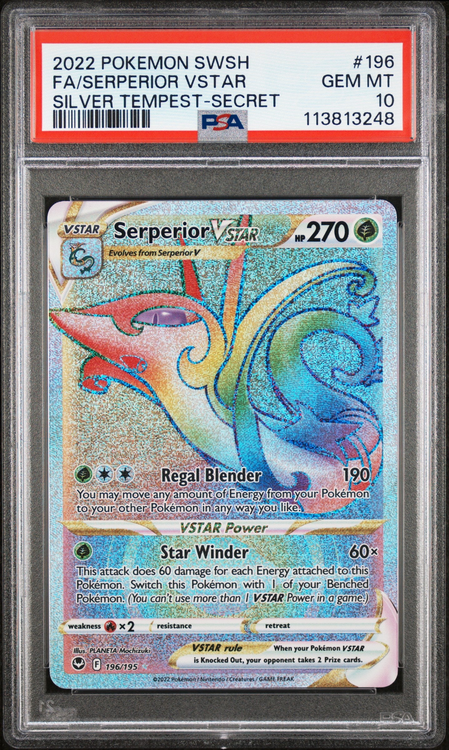 FA/SERPERIOR VSTAR 196/195 Common POKEMON SWORD & SHIELD SILVER TEMPEST SILVER TEMPEST-SECRET PSA10 GEM MT 10 PSA population 216 <a href=https://www.psacard.com/cert/113813248/psa>https://www.psacard.com/cert/113813248/psa</a>