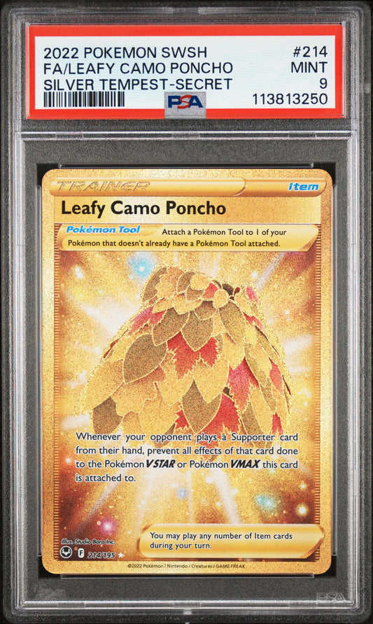 FA/LEAFY CAMO PONCHO 214/195 Common POKEMON SWORD & SHIELD SILVER TEMPEST SILVER TEMPEST-SECRET PSA9 MINT 9 PSA population 85 <a href=https://www.psacard.com/cert/113813250/psa>https://www.psacard.com/cert/113813250/psa</a>