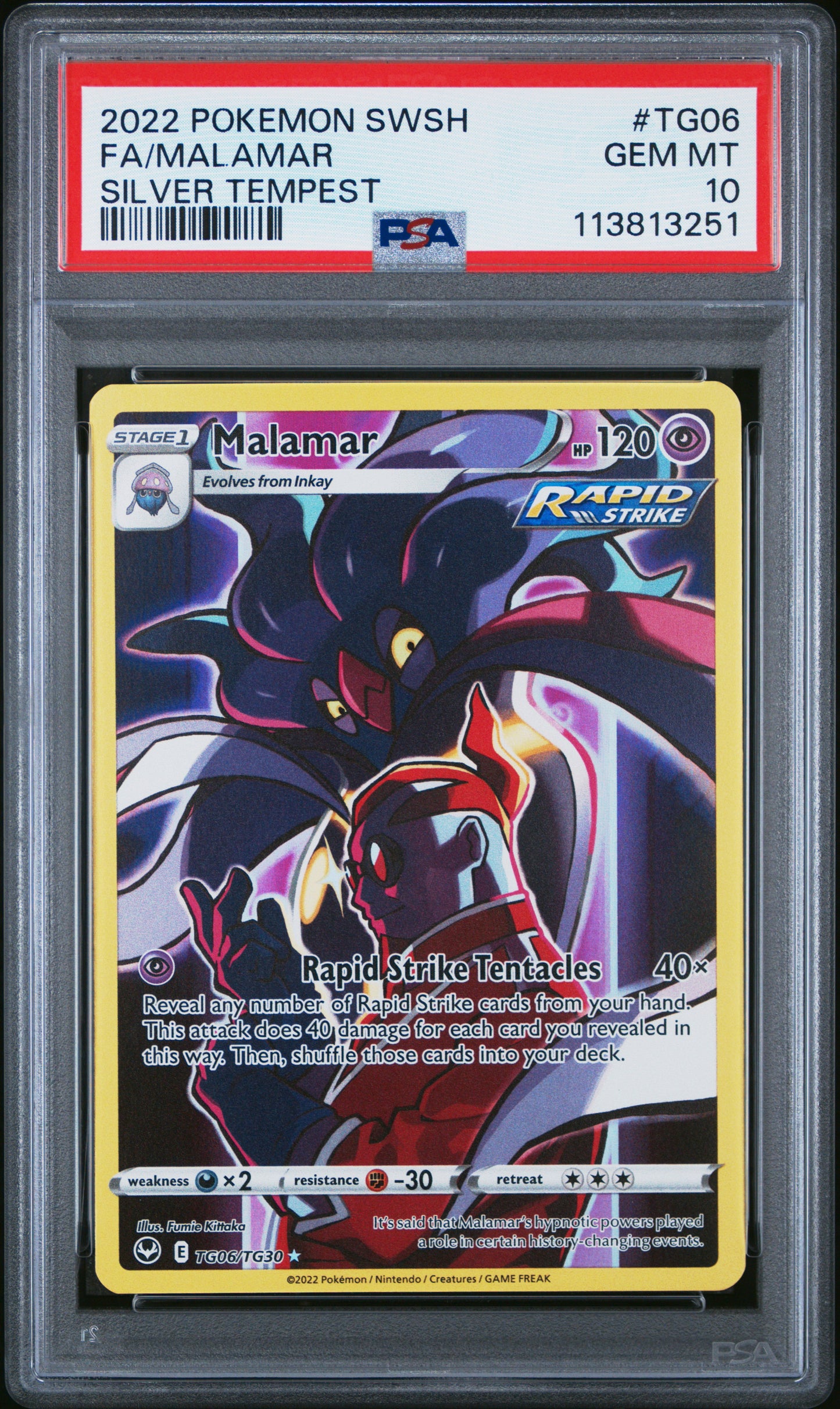 FA/MALAMAR TG06/TG30 Common POKEMON SWORD & SHIELD SILVER TEMPEST SILVER TEMPEST PSA10 GEM MT 10 PSA population 191 <a href=https://www.psacard.com/cert/113813251/psa>https://www.psacard.com/cert/113813251/psa</a>