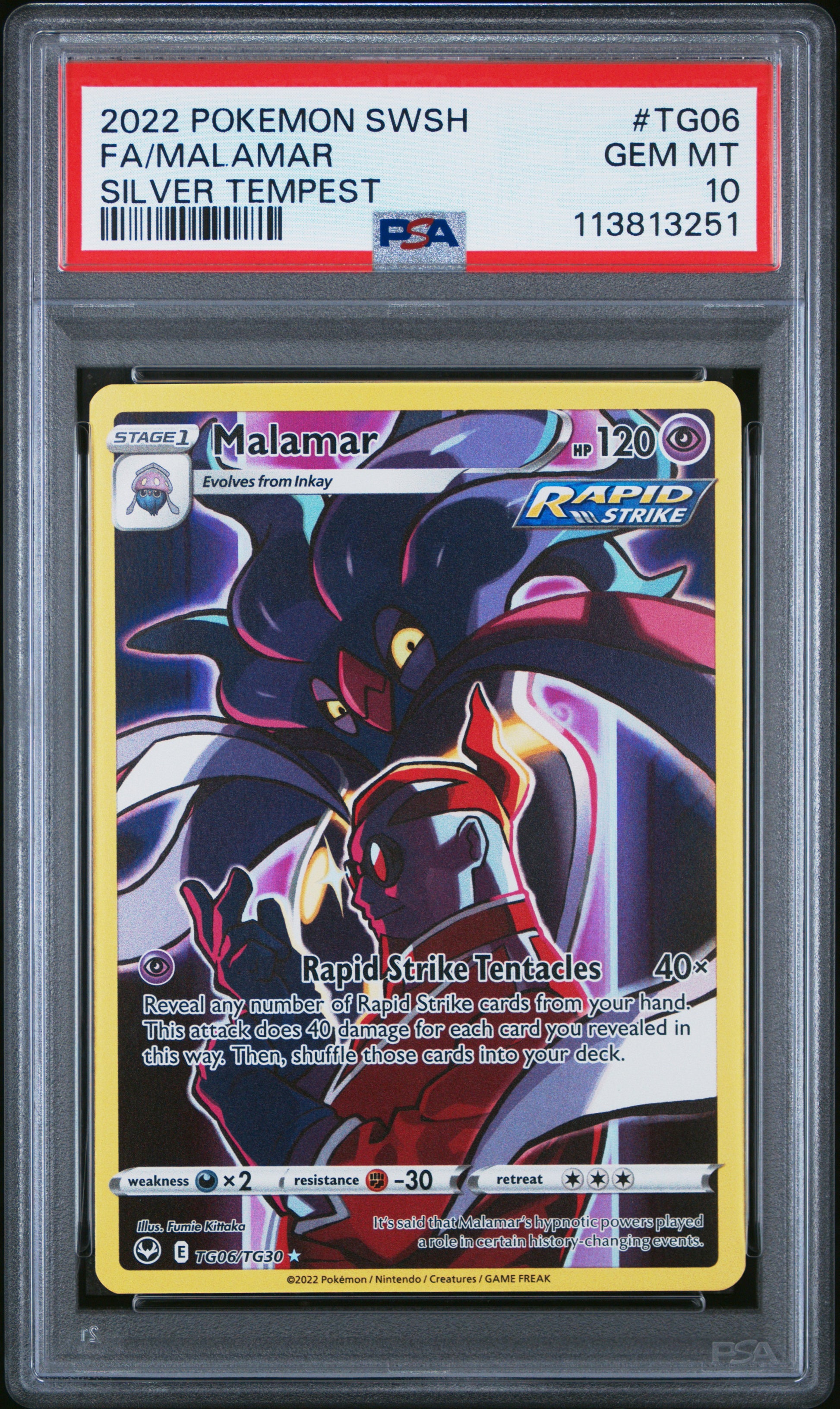 FA/MALAMAR TG06/TG30 Common POKEMON SWORD & SHIELD SILVER TEMPEST SILVER TEMPEST PSA10 GEM MT 10 PSA population 191 <a href=https://www.psacard.com/cert/113813251/psa>https://www.psacard.com/cert/113813251/psa</a>