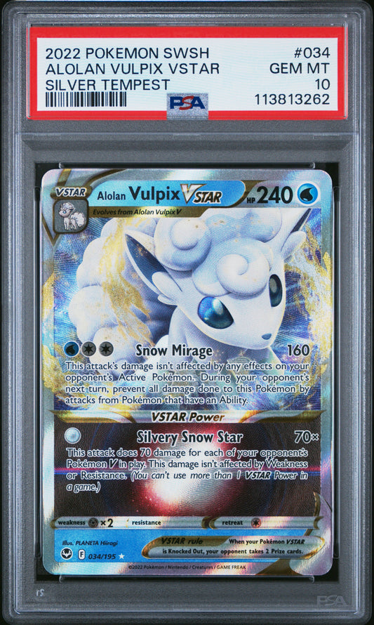 ALOLAN VULPIX VSTAR 34/195 Common POKEMON SWORD & SHIELD SILVER TEMPEST SILVER TEMPEST PSA10 GEM MT 10 PSA population 353 <a href=https://www.psacard.com/cert/113813262/psa>https://www.psacard.com/cert/113813262/psa</a>