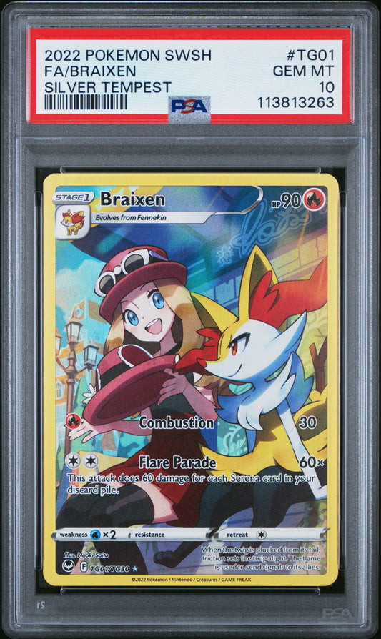 FA/BRAIXEN TG01/TG30 Common POKEMON SWORD & SHIELD SILVER TEMPEST SILVER TEMPEST PSA10 GEM MT 10 PSA population 461 <a href=https://www.psacard.com/cert/113813263/psa>https://www.psacard.com/cert/113813263/psa</a>