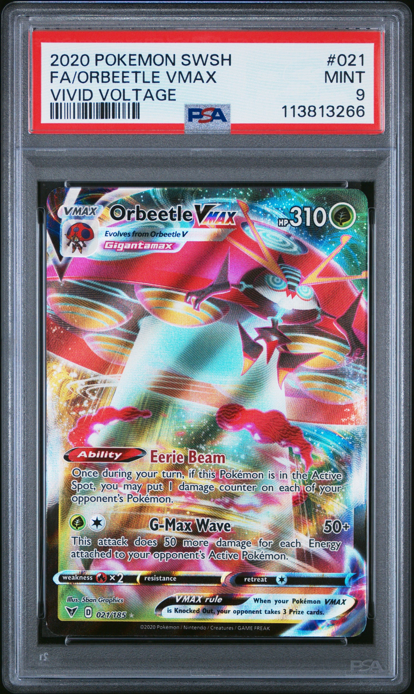 FA/ORBEETLE VMAX 21/185 Common POKEMON SWORD & SHIELD VIVID VOLTAGE VIVID VOLTAGE PSA9 MINT 9 PSA population 327 <a href=https://www.psacard.com/cert/113813266/psa>https://www.psacard.com/cert/113813266/psa</a>