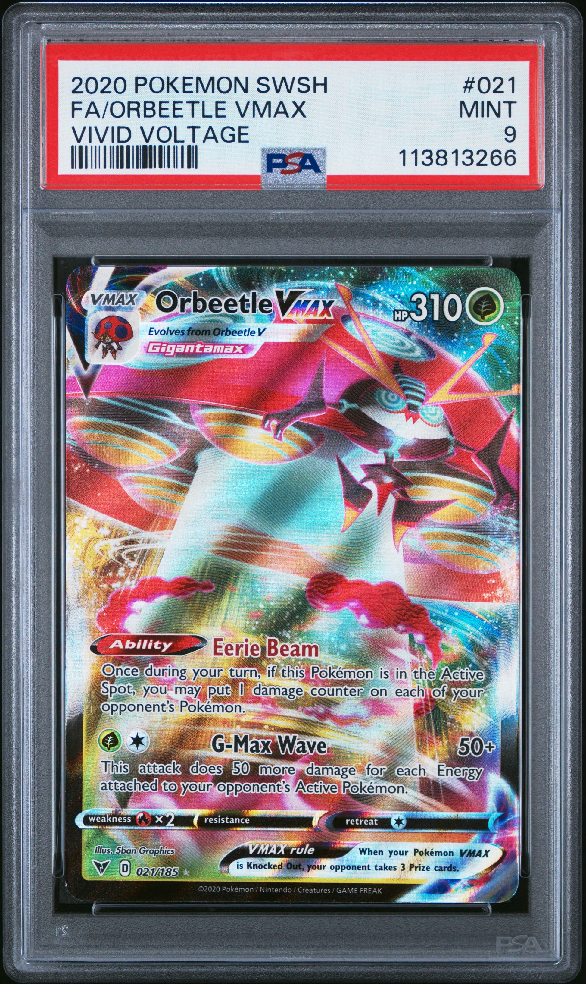 FA/ORBEETLE VMAX 21/185 Common POKEMON SWORD & SHIELD VIVID VOLTAGE VIVID VOLTAGE PSA9 MINT 9 PSA population 327 <a href=https://www.psacard.com/cert/113813266/psa>https://www.psacard.com/cert/113813266/psa</a>