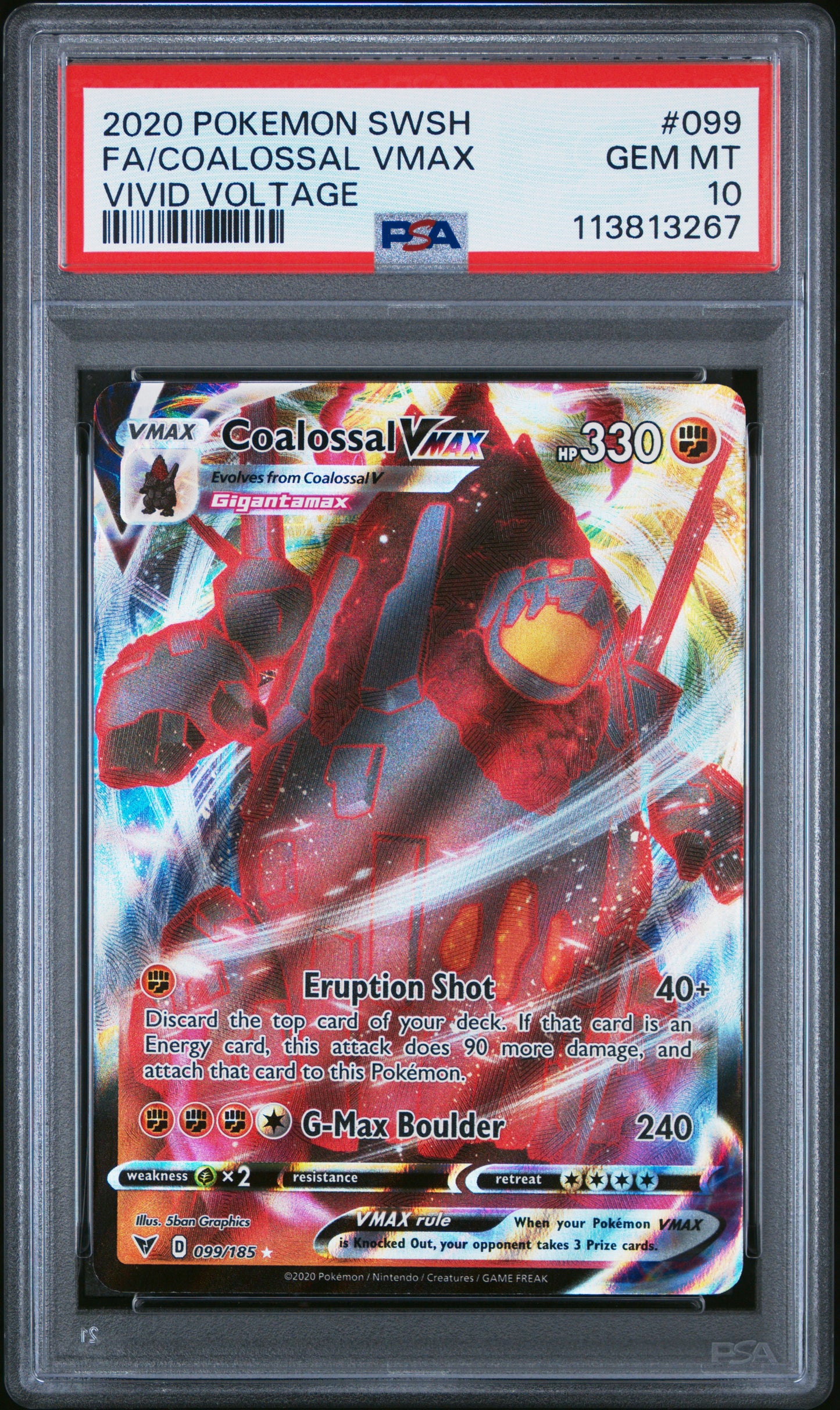 FA/COALOSSAL VMAX 99/185 Common POKEMON SWORD & SHIELD VIVID VOLTAGE VIVID VOLTAGE PSA10 GEM MT 10 PSA population 958 <a href=https://www.psacard.com/cert/113813267/psa>https://www.psacard.com/cert/113813267/psa</a>