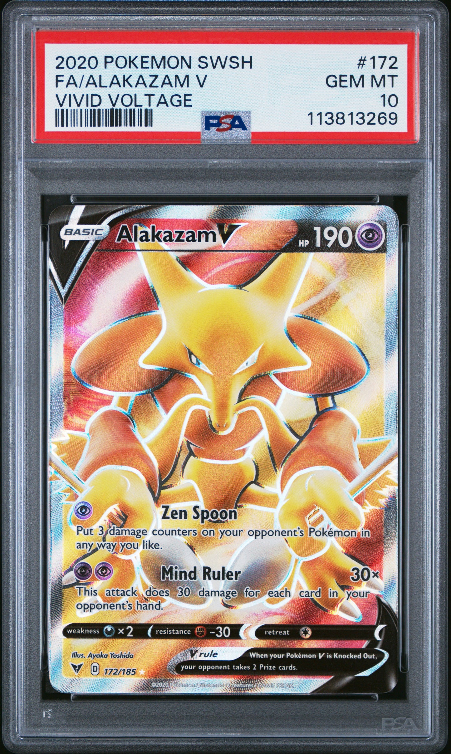 FA/ALAKAZAM V 172/185 Common POKEMON SWORD & SHIELD VIVID VOLTAGE VIVID VOLTAGE PSA10 GEM MT 10 PSA population 1656 <a href=https://www.psacard.com/cert/113813269/psa>https://www.psacard.com/cert/113813269/psa</a>