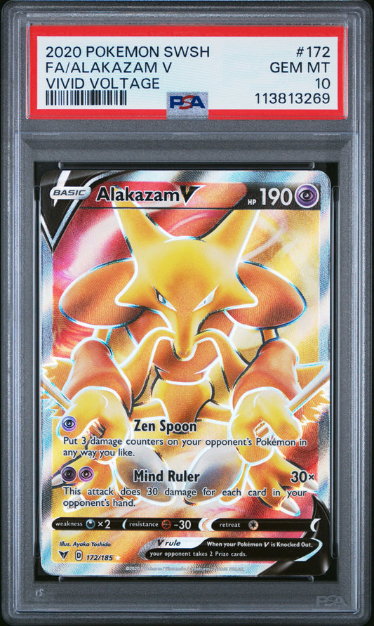FA/ALAKAZAM V 172/185 Common POKEMON SWORD & SHIELD VIVID VOLTAGE VIVID VOLTAGE PSA10 GEM MT 10 PSA population 1656 <a href=https://www.psacard.com/cert/113813269/psa>https://www.psacard.com/cert/113813269/psa</a>