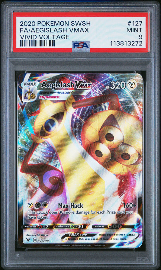 FA/AEGISLASH VMAX 127/185 Common POKEMON SWORD & SHIELD VIVID VOLTAGE VIVID VOLTAGE PSA9 MINT 9 PSA population 297 <a href=https://www.psacard.com/cert/113813272/psa>https://www.psacard.com/cert/113813272/psa</a>