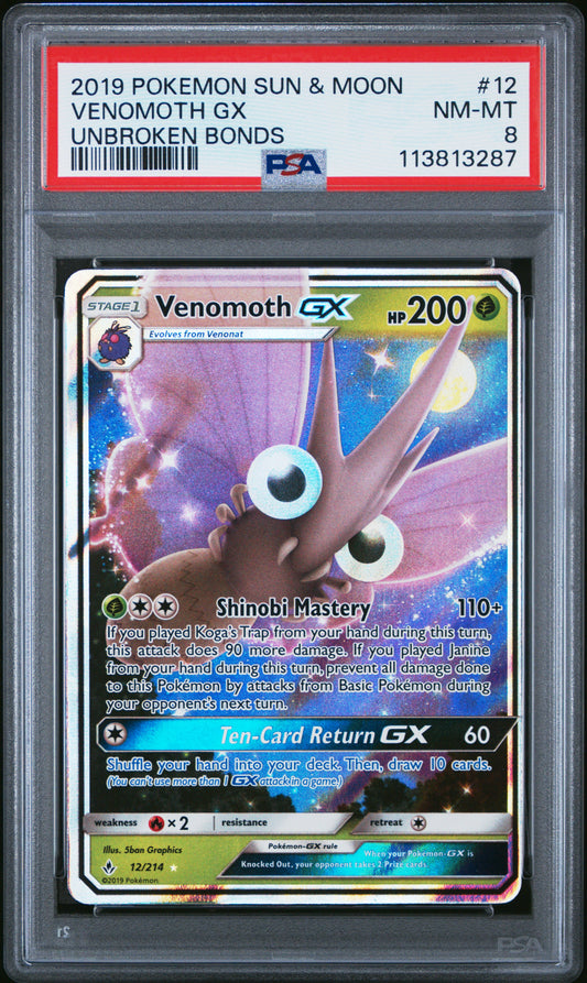VENOMOTH GX 12/214 Common POKEMON SUN & MOON UNBROKEN BONDS UNBROKEN BONDS PSA8 NM-MT 8 PSA population 18 <a href=https://www.psacard.com/cert/113813287/psa>https://www.psacard.com/cert/113813287/psa</a>