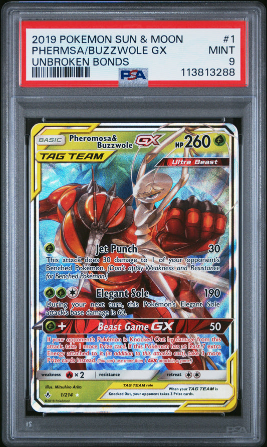 PHERMSA/BUZZWOLE GX 1/214 Common POKEMON SUN & MOON UNBROKEN BONDS UNBROKEN BONDS PSA9 MINT 9 PSA population 173 <a href=https://www.psacard.com/cert/113813288/psa>https://www.psacard.com/cert/113813288/psa</a>
