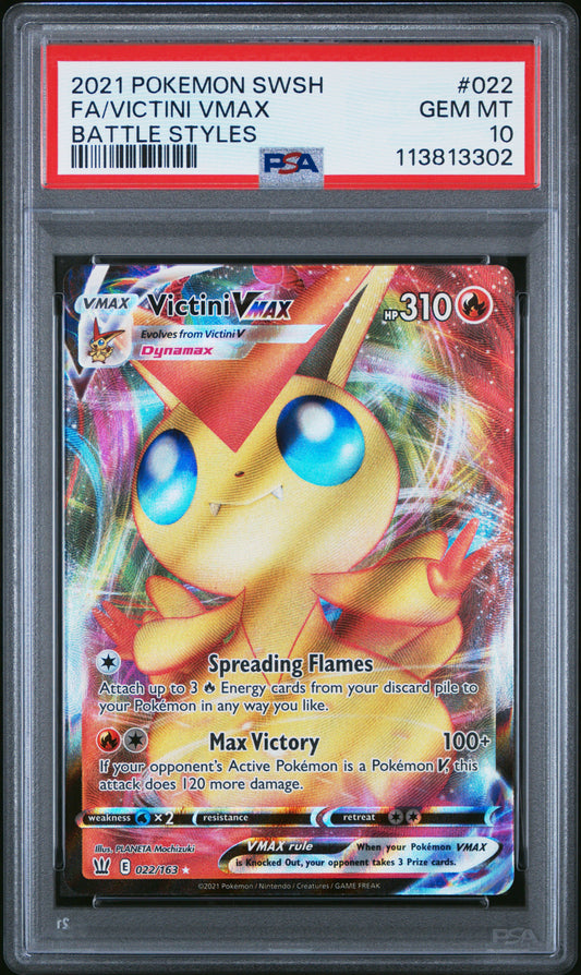 FA/VICTINI VMAX 22/163 Common POKEMON SWORD & SHIELD BATTLE STYLES BATTLE STYLES PSA10 GEM MT 10 PSA population 150 <a href=https://www.psacard.com/cert/113813302/psa>https://www.psacard.com/cert/113813302/psa</a>