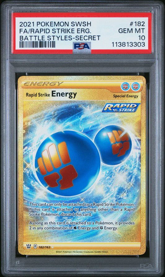 FA/RAPID STRIKE ERG. 182/163 Common POKEMON SWORD & SHIELD BATTLE STYLES BATTLE STYLES-SECRET PSA10 GEM MT 10 PSA population 56 <a href=https://www.psacard.com/cert/113813303/psa>https://www.psacard.com/cert/113813303/psa</a>