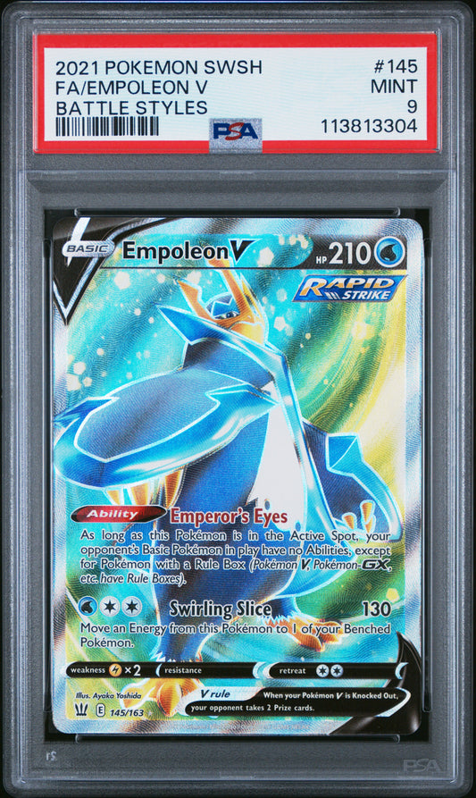 FA/EMPOLEON V 145/163 Common POKEMON SWORD & SHIELD BATTLE STYLES BATTLE STYLES PSA9 MINT 9 PSA population 51 <a href=https://www.psacard.com/cert/113813304/psa>https://www.psacard.com/cert/113813304/psa</a>