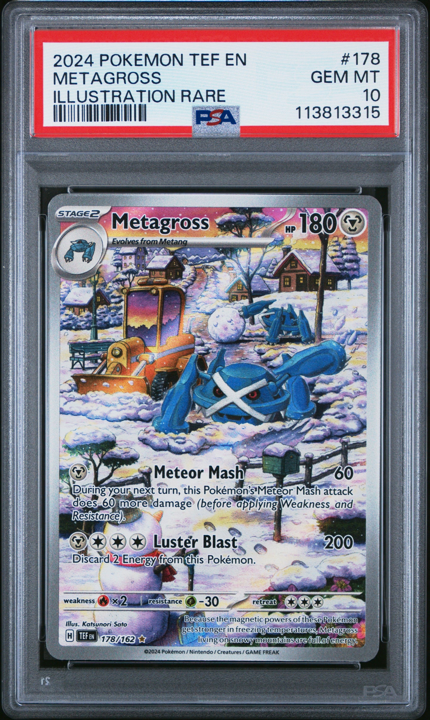METAGROSS 178/162 Common POKEMON TEF EN-TEMPORAL FORCES ILLUSTRATION RARE PSA10 GEM MT 10 PSA population 1910 <a href=https://www.psacard.com/cert/113813315/psa>https://www.psacard.com/cert/113813315/psa</a>