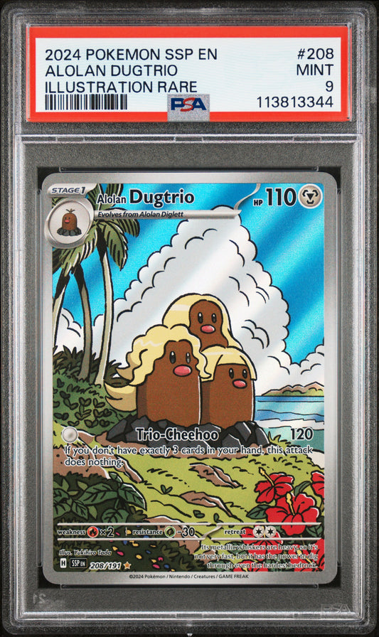 ALOLAN DUGTRIO 208/191 Common POKEMON SSP EN-SURGING SPARKS ILLUSTRATION RARE PSA9 MINT 9 PSA population 2939 <a href=https://www.psacard.com/cert/113813344/psa>https://www.psacard.com/cert/113813344/psa</a>