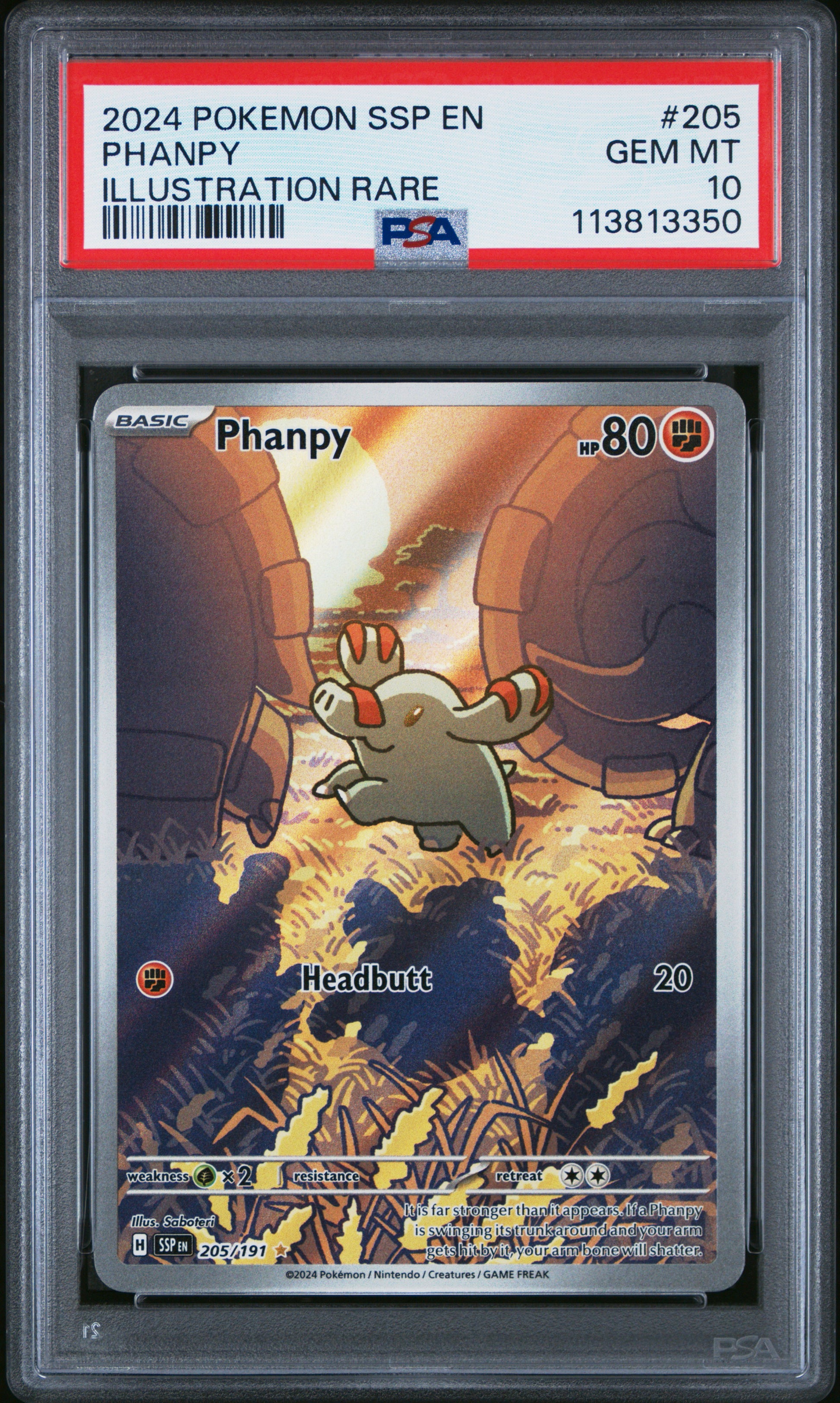 PHANPY 205/191 Common POKEMON SSP EN-SURGING SPARKS ILLUSTRATION RARE PSA10 GEM MT 10 PSA population 1061 <a href=https://www.psacard.com/cert/113813350/psa>https://www.psacard.com/cert/113813350/psa</a>