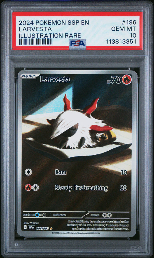 LARVESTA 196/191 Common POKEMON SSP EN-SURGING SPARKS ILLUSTRATION RARE PSA10 GEM MT 10 PSA population 283 <a href=https://www.psacard.com/cert/113813351/psa>https://www.psacard.com/cert/113813351/psa</a>