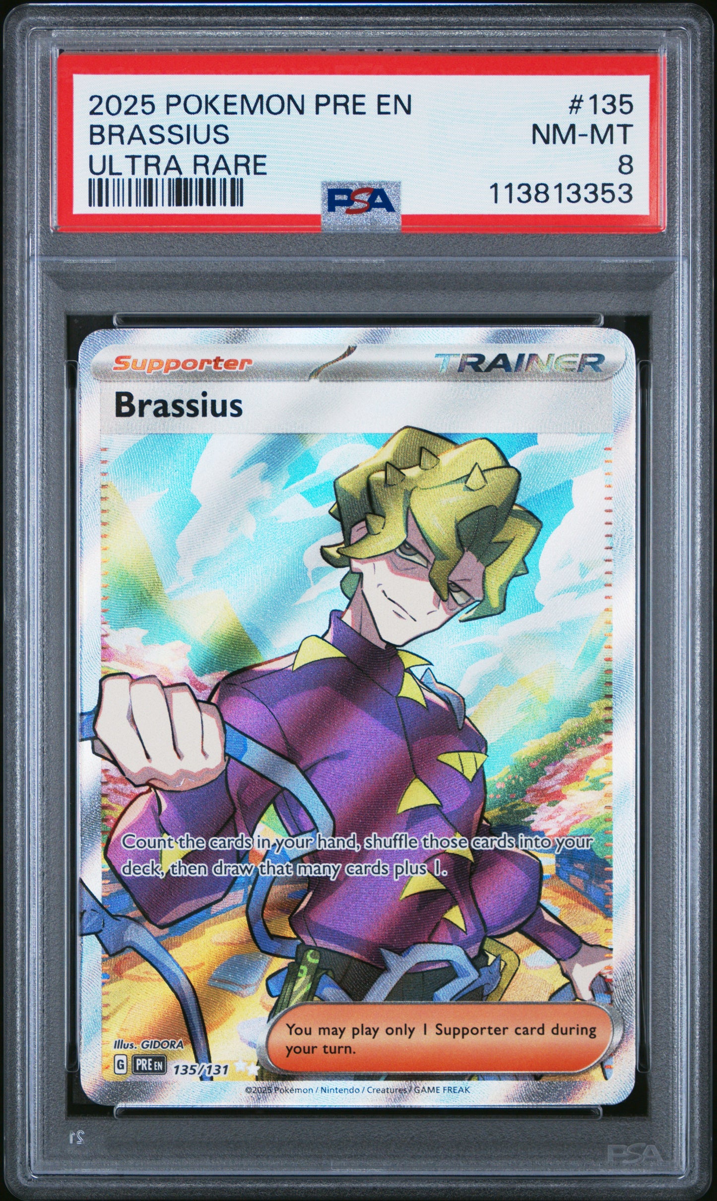 BRASSIUS 135/131 Common POKEMON PRE EN-PRISMATIC EVOLUTIONS ULTRA RARE PSA8 NM-MT 8 PSA population 29 <a href=https://www.psacard.com/cert/113813353/psa>https://www.psacard.com/cert/113813353/psa</a>