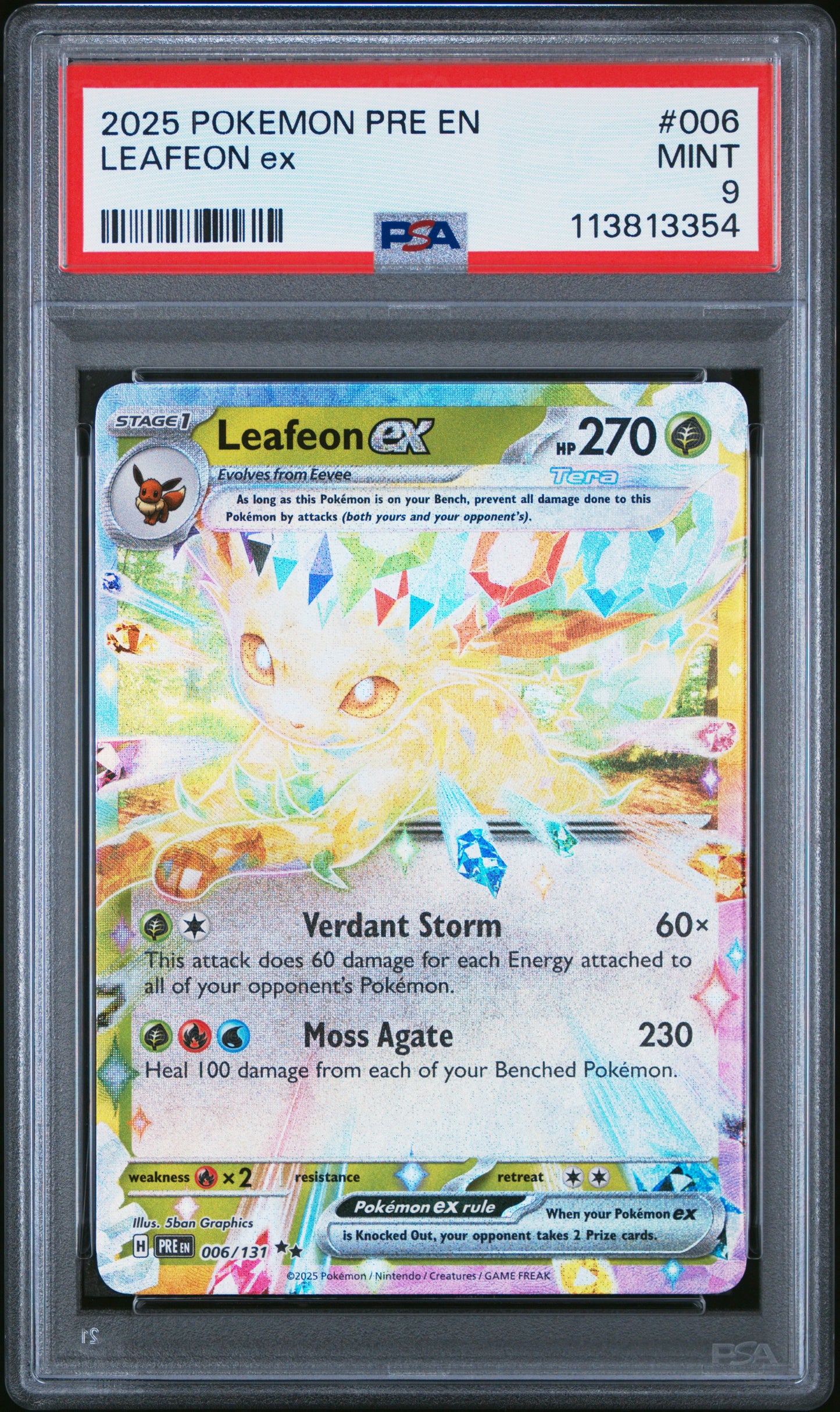 LEAFEON EX 6/131 Common POKEMON PRE EN-PRISMATIC EVOLUTIONS PSA9 MINT 9 PSA population 612 <a href=https://www.psacard.com/cert/113813354/psa>https://www.psacard.com/cert/113813354/psa</a>