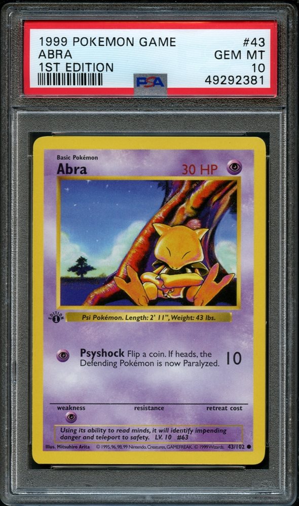 ABRA 43/102 [1st Edition]  POKEMON GAME 1ST EDITION PSA10 GEM MT 10 PSA population 825 <a href=https://www.psacard.com/cert/21423389/psa>https://www.psacard.com/cert/21423389/psa</a>