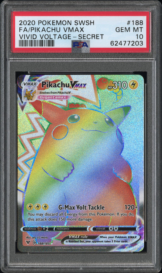 FA/PIKACHU VMAX 188/185 Common POKEMON SWORD & SHIELD VIVID VOLTAGE VIVID VOLTAGE-SECRET PSA10 GEM MT 10 PSA population 10465 <a href=https://www.psacard.com/cert/62477203/psa>https://www.psacard.com/cert/62477203/psa</a>