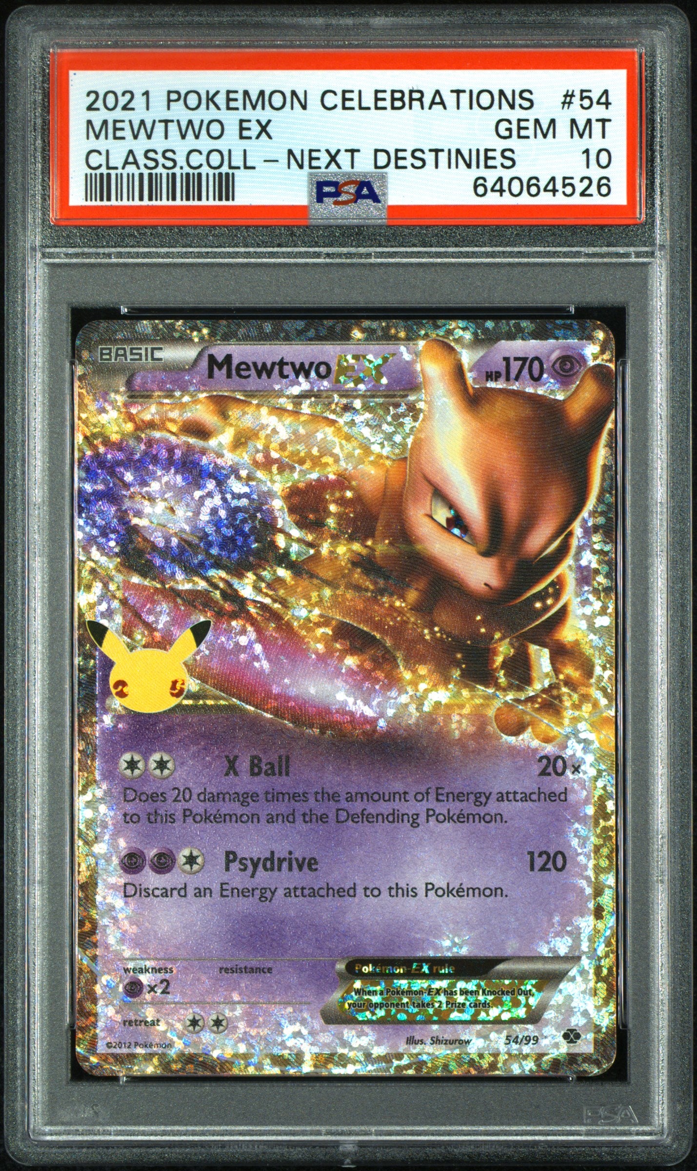 MEWTWO EX 54/99 Common POKEMON CELEBRATIONS CLASSIC COLLECTION CLASS.COLL-NEXT DESTINIES PSA10 GEM MT 10 PSA population 2134 <a href=https://www.psacard.com/cert/64064526/psa>https://www.psacard.com/cert/64064526/psa</a>