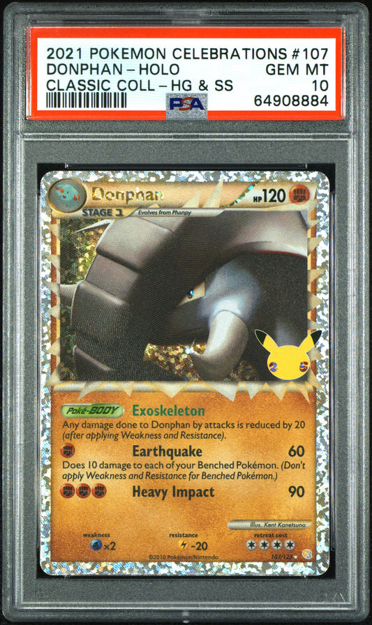 DONPHAN-HOLO 107/123 Common POKEMON CELEBRATIONS CLASSIC COLLECTION CLASSIC COLL-HG & SS PSA10 GEM MT 10 PSA population 596 <a href=https://www.psacard.com/cert/64908884/psa>https://www.psacard.com/cert/64908884/psa</a>
