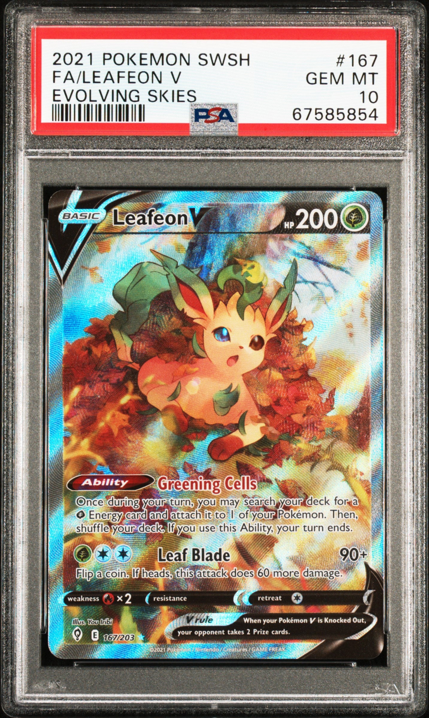 FA/LEAFEON V 167/203 Common POKEMON SWORD & SHIELD EVOLVING SKIES EVOLVING SKIES PSA10 GEM MT 10 PSA population 5420 <a href=https://www.psacard.com/cert/67585854/psa>https://www.psacard.com/cert/67585854/psa</a>
