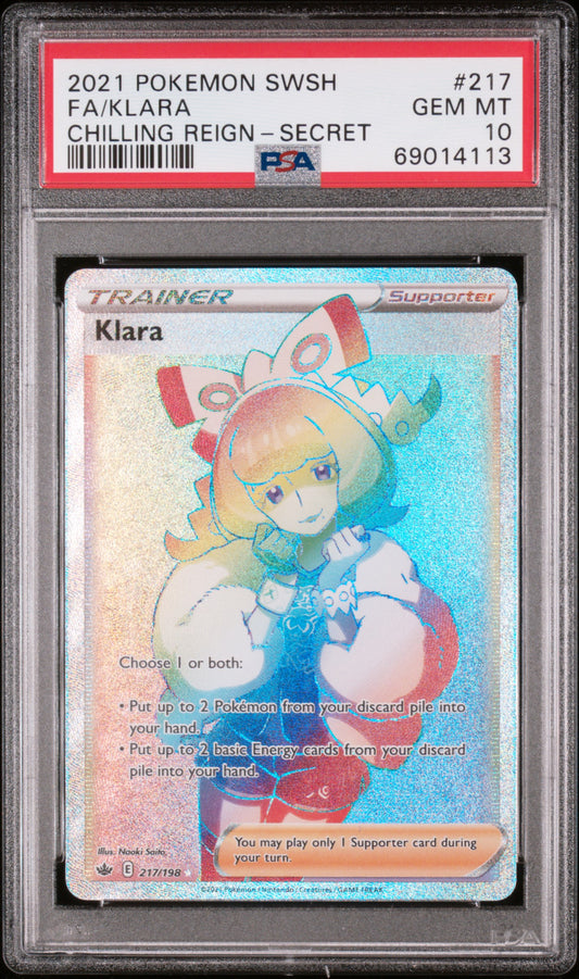 FA/KLARA 217/198 Common POKEMON SWORD & SHIELD CHILLING REIGN CHILLING REIGN-SECRET PSA10 GEM MT 10 PSA population 221 <a href=https://www.psacard.com/cert/69014113/psa>https://www.psacard.com/cert/69014113/psa</a>