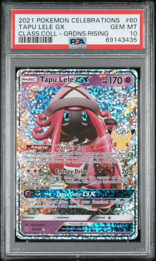 TAPU LELE GX 60/145 Common POKEMON CELEBRATIONS CLASSIC COLLECTION CLASS.COLL-GRDNS.RISING PSA10 GEM MT 10 PSA population 788 <a href=https://www.psacard.com/cert/69143435/psa>https://www.psacard.com/cert/69143435/psa</a>