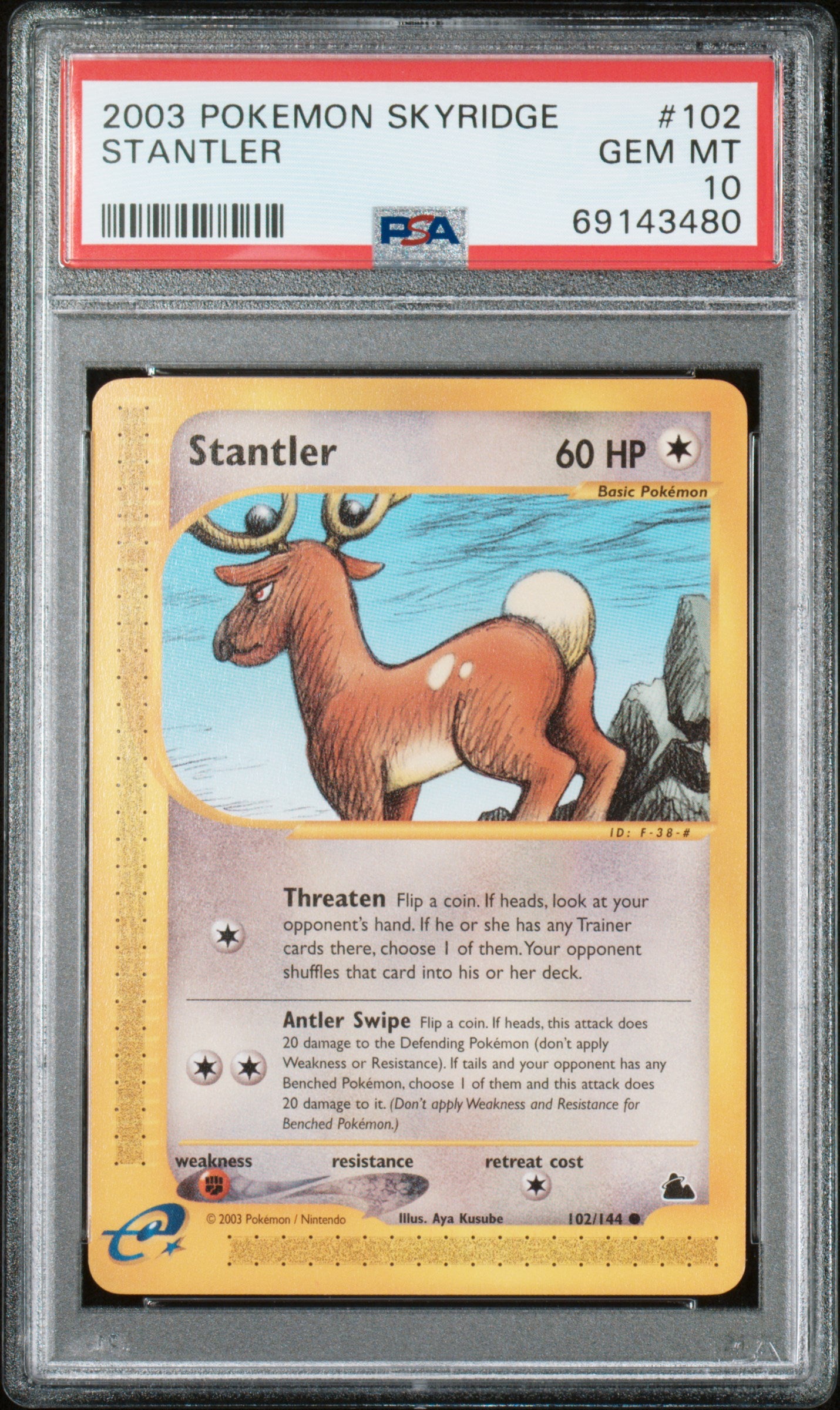 STANTLER 102/144 Common POKEMON SKYRIDGE PSA10 GEM MT 10 PSA population 48 <a href=https://www.psacard.com/cert/69143480/psa>https://www.psacard.com/cert/69143480/psa</a>