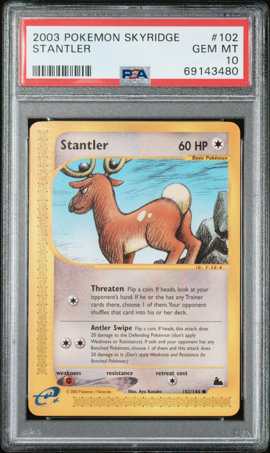 STANTLER 102/144 Common POKEMON SKYRIDGE PSA10 GEM MT 10 PSA population 48 <a href=https://www.psacard.com/cert/69143480/psa>https://www.psacard.com/cert/69143480/psa</a>