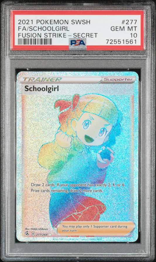 FA/SCHOOLGIRL 277/264 Common POKEMON SWORD & SHIELD FUSION STRIKE FUSION STRIKE-SECRET PSA10 GEM MT 10 PSA population 87 <a href=https://www.psacard.com/cert/72551561/psa>https://www.psacard.com/cert/72551561/psa</a>