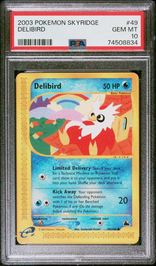 DELIBIRD 49/144 Common POKEMON SKYRIDGE PSA10 GEM MT 10 PSA population 49 <a href=https://www.psacard.com/cert/74508834/psa>https://www.psacard.com/cert/74508834/psa</a>